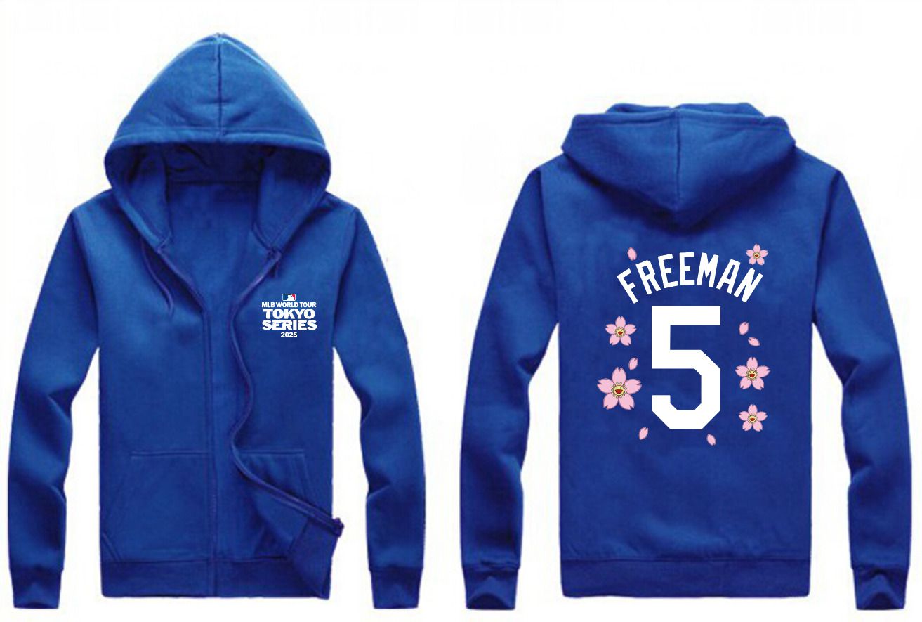 Men Los Angeles Dodgers #5 Freeman Blue Zipper hoodie 2025 MLB Jersey style 1